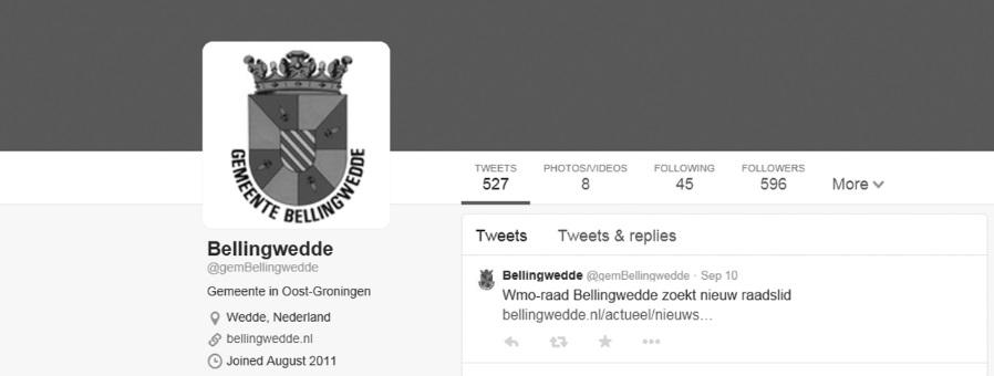 Afbeelding 7: het Twitteraccount van de gemeente Bellingwedde Over dit onderzoek Dit online onderzoek is uitgevoerd tussen 7 en 11 augustus 2014 op het DeStemvan.nl-panel onder 2.470 respondenten.