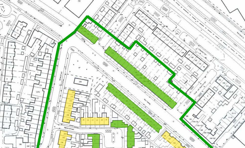 BESCHERMD STADSBEELD: WATERKWARTIER begrenzing beschermd stadsbeeld achterzijde van de percelen Weurtseweg 224-230, Dijkstraat 1 en 2, Weurtseweg 182-222 en Pater van Hooffstraat 1, de voorzijde van