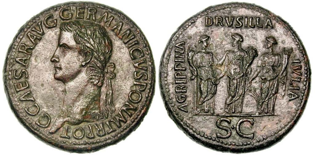 de voorkant zijn portret, op de achterkant zijn drie zusjes Agrippina, Drusilla