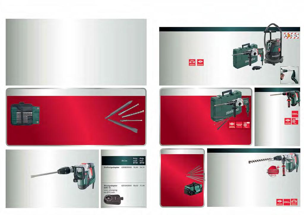 METABO: DE ZEKERHEID VAN STOFVRIJ WERKEN 800 Watt combihamer KHE 2444 n Metabo S-automatic veiligheidskoppeling n Draaistop om te beitelen n Slagstop Boor- en combihamers 800 Watt combihamer KHE 2644