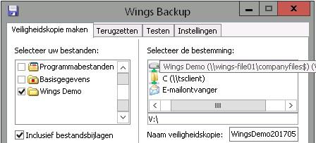 Wings op de eigen installatie, ook zelf een backup te maken van de dossiergegevens en deze op een extern medium (vb externe harde schijf, memory stick) te archiveren.