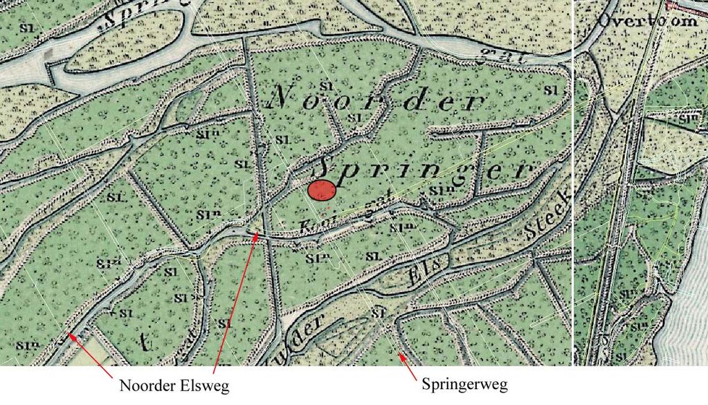 Afb. 4. De onderzoekslocatie op een kadastrale kaart uit 1910. De locatie is gelegen in een onontgonnen gebied dat de Noorder Springer genoemd werd.