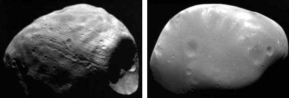 Mars manen Phobos en Deimos, ingevangen planetoiden Phobos 27 x 21 km circuleert naar binnen en valt in