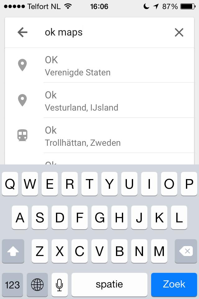 Door de zoekterm OK Maps in het zoekveld in te typen en op het toetsenbord op Zoek te drukken wordt het getoonde
