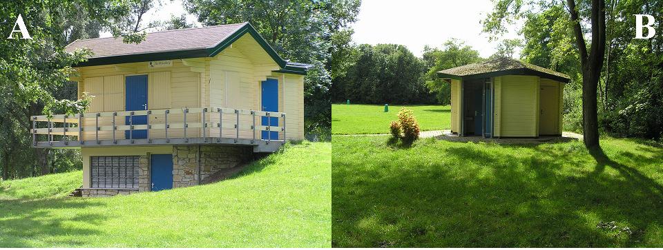 beheerdergebouwtje met daar onder een kiosk (Fig. 6A). Eén van de toiletgebouwtjes en het beheerdergebouwtje waren gesloten. Het ene toilet dat geopend is (Fig.