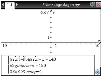 De recursieve formule u n = 0.4 u n 1 +150 met u 0 = 50 voer je in zoals op het scherm hiernaast. Denk eraan dat n bij 0 moet beginnen, dus pas de standaardinstelling 1 n 99 aan tot 0 n 99.