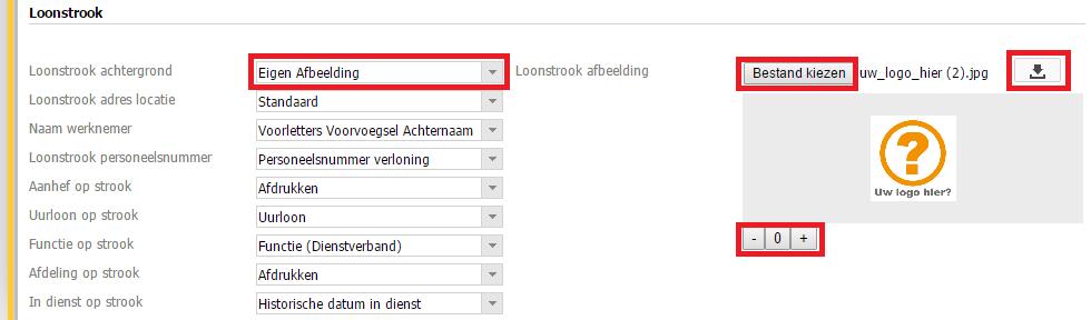 Kies je daar voor Eigen afbeelding, dan komt direct de optie om een logo te uploaden. Met de -, 0 en + knop kun je het logo naar wens instellen door in of uit te zoomen of te herstellen.