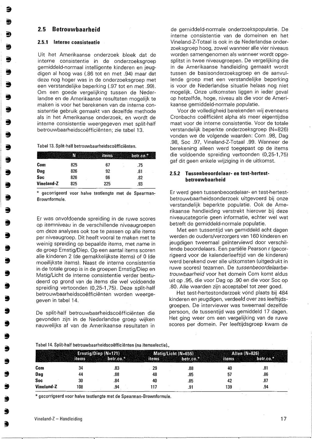 2.5 Betrouwbaarheid 2.5.1 Interne consistentie Uit het Amerikaanse onderzoek bleek dat de interne consistentie in de onderzoeksgroep gemiddeld-normaal intelligente kinderen en jeugdigen al hoog was (.