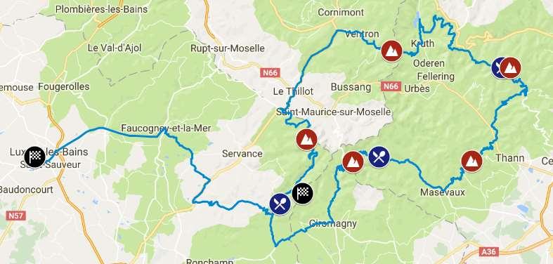 Parcours Granfondo 210km en 4400hm In 2017 is het parcours van Les Trois Ballons gewijzigd met als nieuwe finishplaats La Planche des Belles Filles.