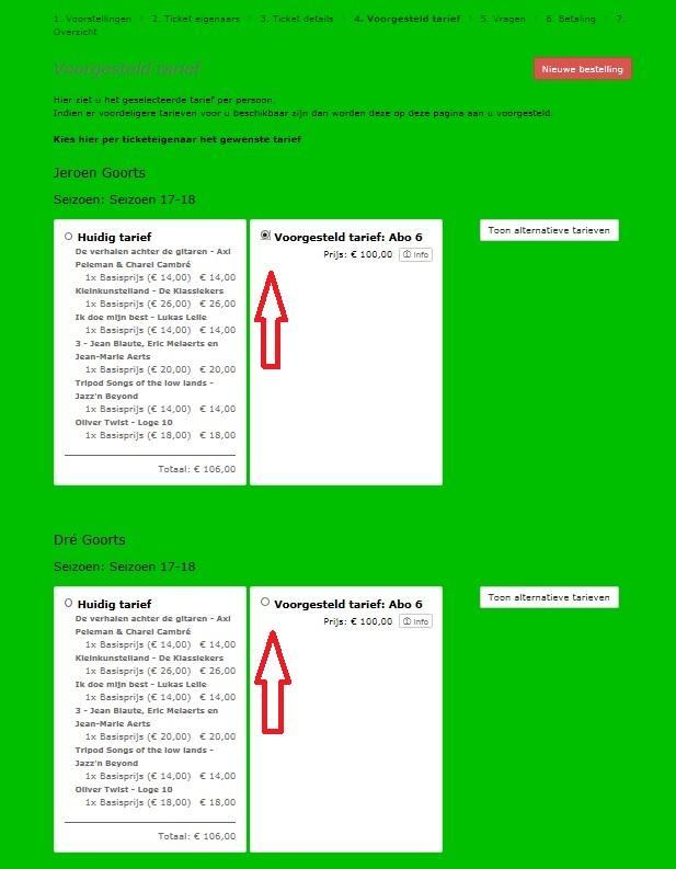 4. Overzicht tickets Je krijgt nu een overzicht van je bestelling, je ziet voor elke ticketeigenaar het huidig tarief en eventueel goedkopere paketten, in deze fase kan je kiezen voor het