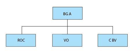 Stichting X past de Rjo toe. BG A heeft naast ROC A ook een afzonderlijke entiteit voor contractactiviteiten, C BV. In dit voorbeeld is sprake van groepsverhoudingen van meerdere bevoegde gezagen.