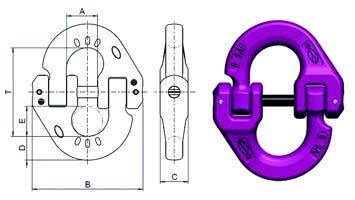 Voorzien van 2 ringen, waarin 4 ringgaffels voor directe montage van de ketting Door de uitvoering van de ringgaffel is het niet  (t) 0-45 Werkbelasting (t) 45-60 A x B C x D E x F T kg/st.