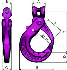 Verdikte zijkanten, verminderen slijtage van de haak en kettingschalm bij het slepen over de grond Markeerpunten ter controle van de bekopening Ketting Ø Werkbelasting (t) A x B C x D F x F (max) G T