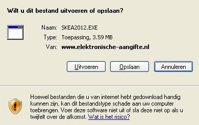 Klik op Download starten om Het Elektronische Aangifteprogramma 2012 te downloaden. U krijgt vervolgens een beveiligingswaarschuwing. Kies hier voor de optie Uitvoeren. De download wordt gestart.