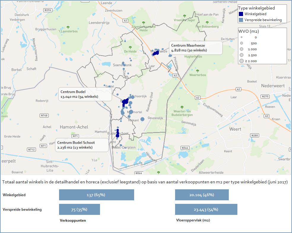 4. Detailhandelstructuur en leegstand Spreiding winkelaanbod De winkelmarkt in de gemeente Cranendonck heeft een winkelvloeroppervlak (WVO) van circa 43.500 m² verdeeld over 212 verkooppunten.