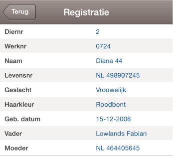 Door op een dier te klikken krijgt u de individuele dierinformatie met betrekking