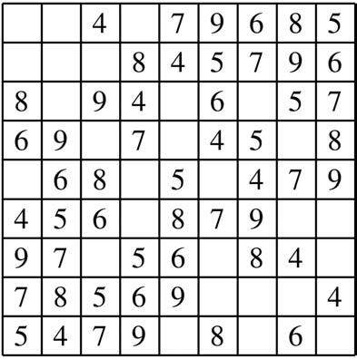 In het Latijns vierkant/sudoku op de volgende pagina zijn bijvoorbeeld de waarden 5 t/m 9 allemaal al ingevuld. Kan jij hem verder aanvullen?