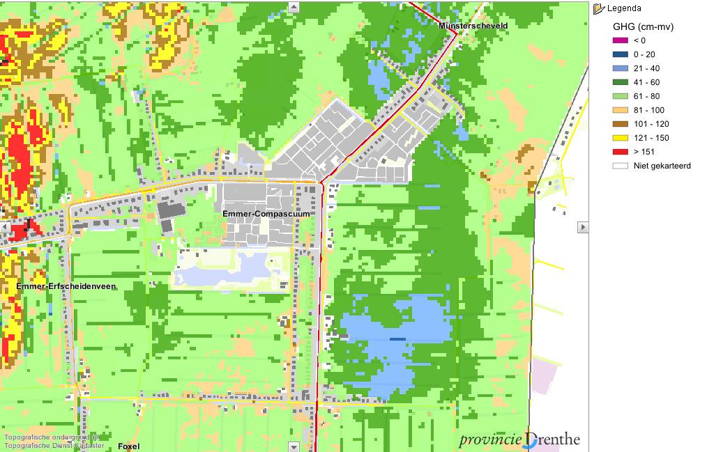 Uit dit kaartbeeld blijk dat in het plangebied de grondwaterstanden variëren, maar overwegend op 40 60 cm beneden het maaiveld liggen.