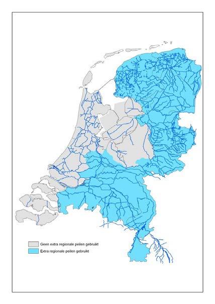 Figuur 2.6 Overzicht van het gebied waar de oppervlaktewaterpeilen in 2012 zijn geactualiseerd (in blauw) op basis van informatie in regionale modeltoepassingen.