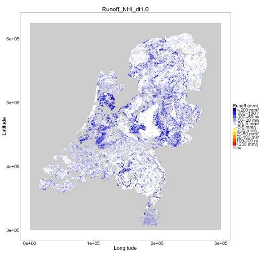 De berekende run-off in veel donkerblauwe gebieden, bijvoorbeeld in het IJsseldal, is als niet realistisch hoog beoordeeld.