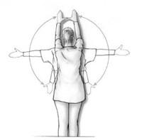 (oefening 6) Staande tegen de muur beide armen zijwaarts omhoog brengen, zo hoog u kunt.