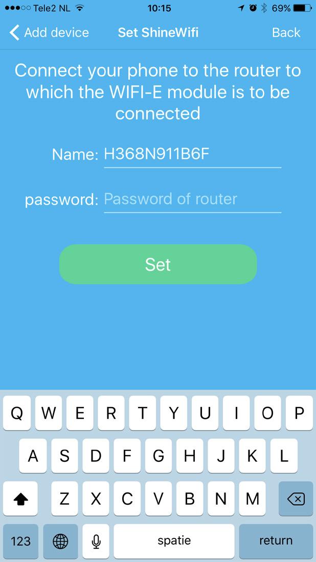 18. Voer bij password het wachtwoord in van het Wifi netwerk waarmee u bent verbonden.