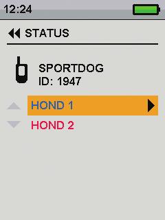 Druk op de toets pijl-rechts. Het bericht HOND X ONDERBREKEN verschijnt, waarbij HOND X de naam is van de geselecteerde hond. De hond wordt niet meer weergegeven op het scherm TRACKING of TRAINING. 4.