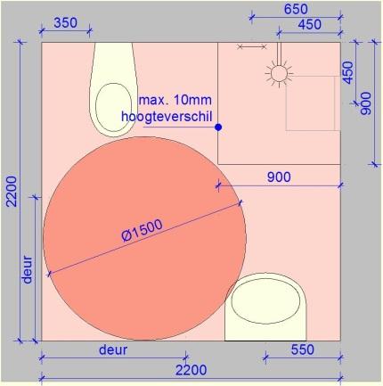 Gebiedsnaam Sanitairruimte (wc, wastafel, douche) Een integraal toegankelijke sanitairruimte bevat de minimale ruimte waarbinnen een persoon met een rolstoel geacht wordt zelfstandig douche / toilet