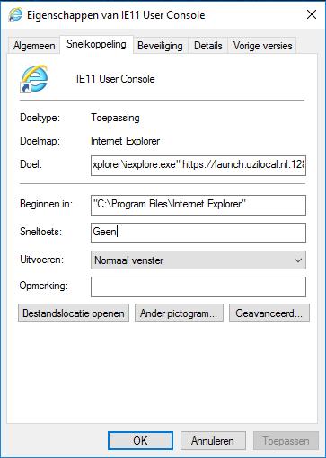 Hieronder een voorbeeld van een snelkoppeling naar Internet Explorer 11, waarbij de User Console op de testomgeving wordt opgestart.