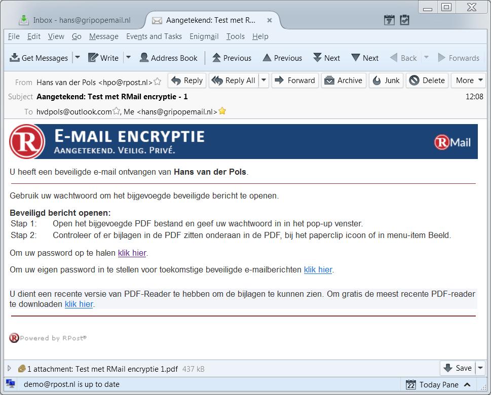Relatie ontvangt een beveiligde PDF Op de RMail servers worden de, te versleutelen berichten, opgenomen in een beveiligde PDF.