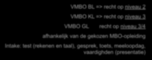 Toelatingseisen VMBO BL => recht op niveau 2 VMBO KL => recht op niveau 3 VMBO GL recht op niveau 3/4 afhankelijk