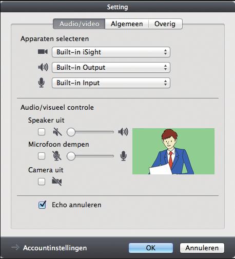 Algemeen Taal selecteren Softwareversie Apparaten selecteren Geef het apparaat op dat u voor vergaderingen gebruikt.