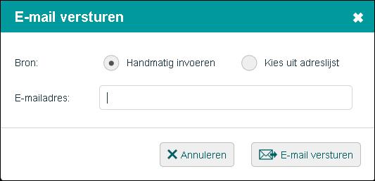 Het scherm E-mail versturen verschijnt: Afbeelding 2-5: Scherm E-mail versturen In dit scherm geeft u het e-mailadres van de ontvanger op. 4.