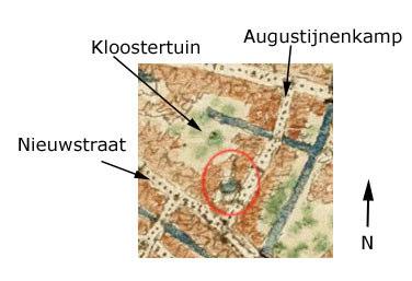 Afb. 3. De locatie van het plangebied (in rode cirkel) geprojecteerd op een uitsnede van een kaart van Jacob van Deventer (situatie rond circa 1550).