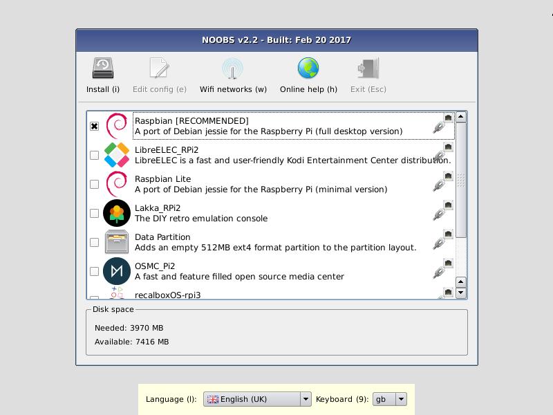 Installeren Raspbian Volg nu de aanwijzingen die je via het NOOBS menu ziet.
