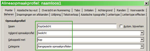 Afbeelding 23: Instellingen voor het opmaakprofiel KopGedicht Nu nog de instellingen van het nieuwe opmaakprofiel instellen: 1) Op het tabblad Uitlijning, selecteer Gecentreerd.