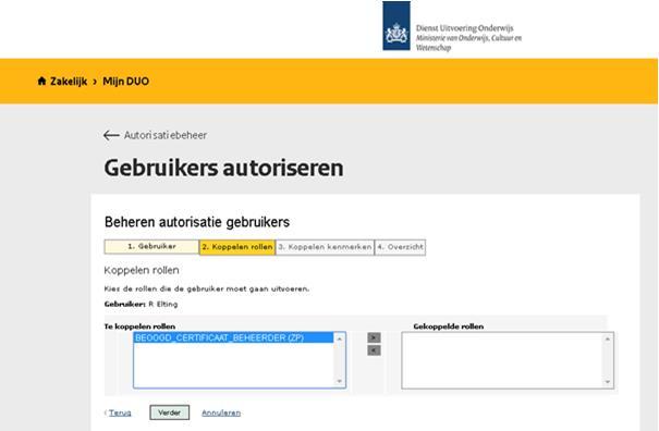 2. Het koppelen van rollen Selecteer de rol certificaatbeheerder in het selectie