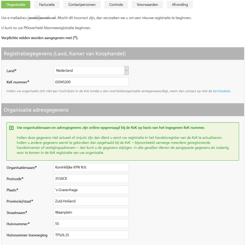 2.3 Scherm 1: Invoer organisatiegegevens Na het klikken op de link in de e-mail opent het volgende eerste invoerscherm.
