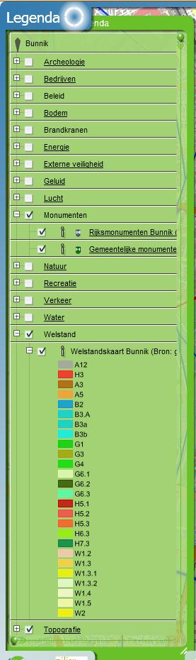 De linker legenda toont het plus-symbool bij onder andere de legenda-eenheden "Monumenten" en "Welstand".