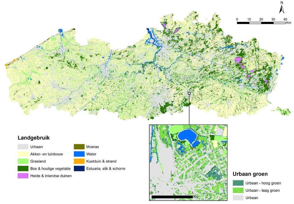 Figuur 4. Ecosystemen in Vlaanderen, Brussel inbegrepen, bestaan vooral uit akker- en tuinbouwland (37%), urbaan gebied (31%) en grasland (17%).