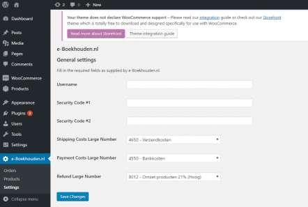 Configuratie Na installatie controleert u enkele aanvullende gegevens en vult u deze waar nodig aan om de plugin te activeren. 1. Ga binnen WooCommerce naar e-boekhouden.nl > Settings.