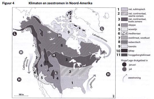 23 Figuur 20: Klimaten en zeestromen in Noord-Amerika. Gebruik atlaskaart 222 ( 53e druk kaart 196) In de legenda van figuur 20 worden met de cijfers 1 t/m 11 de verschillende klimaten in de V.S.