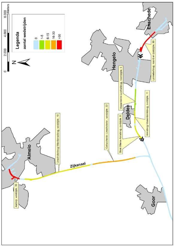 Kaart wedstrijdtrajecten Goor-Enschede en Zijkanaal.