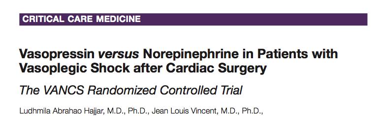 Prospectieve dubbelblinde RCT 2012-2014 300 patiënten met vasoplege shock (MAP < 65 / CI > 2.