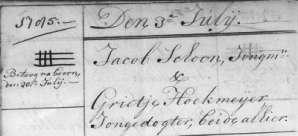 3 juli 1785 Huwelijksaankondiging Grietje Hoekmeijer en Jacob Schoen te Alkmaar (Grote kerk) 24 juli 1785 Grietje Hoekmeijer huwt met Jacobus Schoen, beide uit Hoorn en woonachtig in Alkmaar.