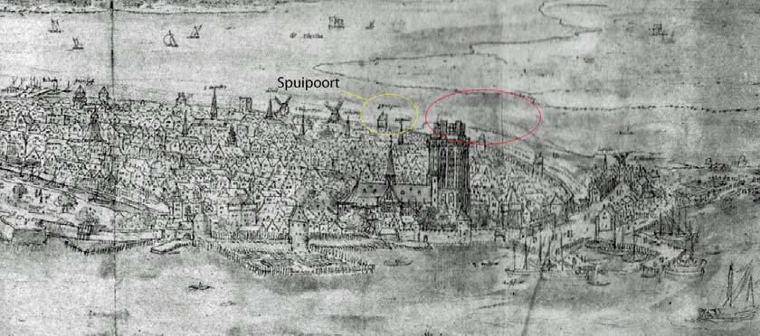 Afb. 4. De stad Dordrecht op een uitsnede van een tekening van Anthonis van de Wijngaerde uit circa 1560, gezien in zuidoostelijke richting.