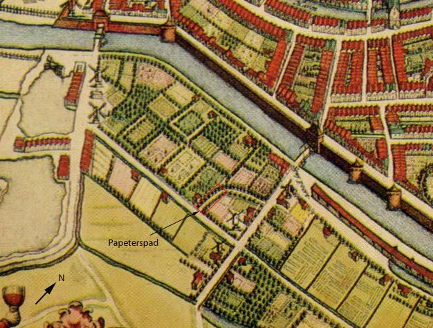Afb. 6. Het onderzoeksgebied Papeterspad (rood) weergegeven op een uitsnede van een kaart van Blaeu die de situatie rond 1645 weergeeft.