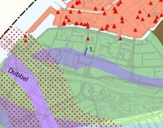 Afb. 3. Het onderzoeksgebied op een uitsnede van de archeologische verwachtingskaart van de gemeente Dordrecht (blauwe lijn bij 1.).