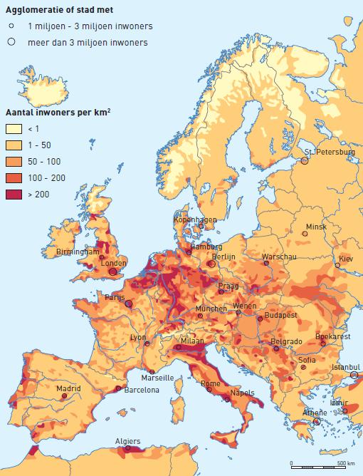 Verschil in bevolkingsdichtheid in Europa Welke algemene regel kun je uit de kaart afleiden.hoe.
