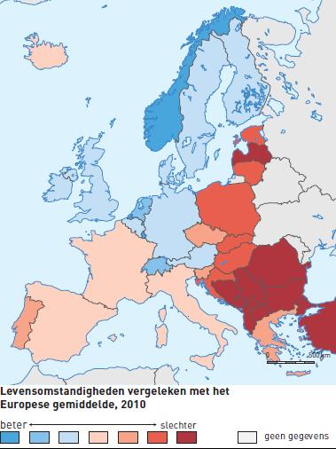 Verschil in levensomstandigheden in Europa In welke drie delen kun je Europa volgens deze kaart indelen?